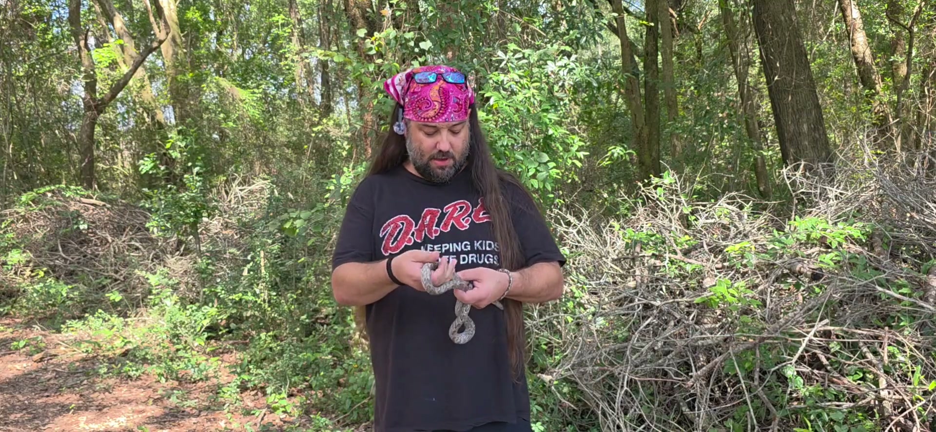 Steve, the Extremely Serious Snake Guy, in the woods in his pink bandana